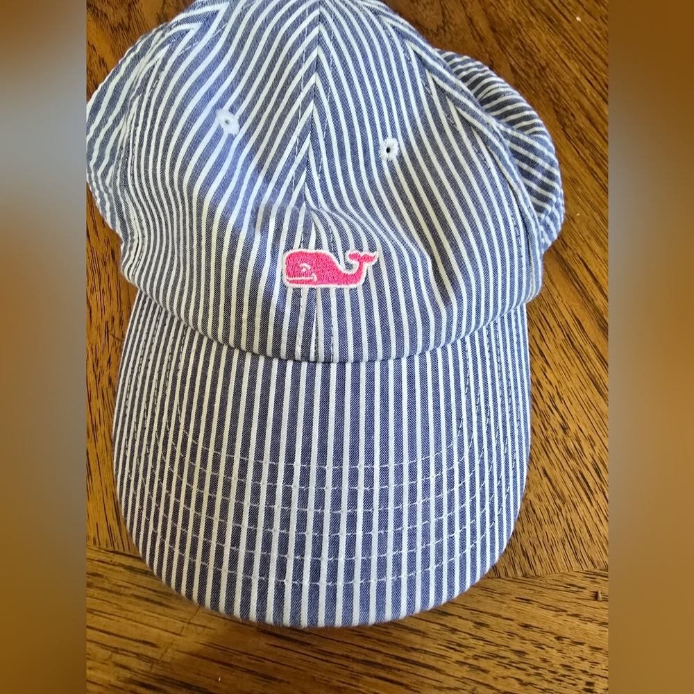 Blue Striped Cap with Pink Whale Logo